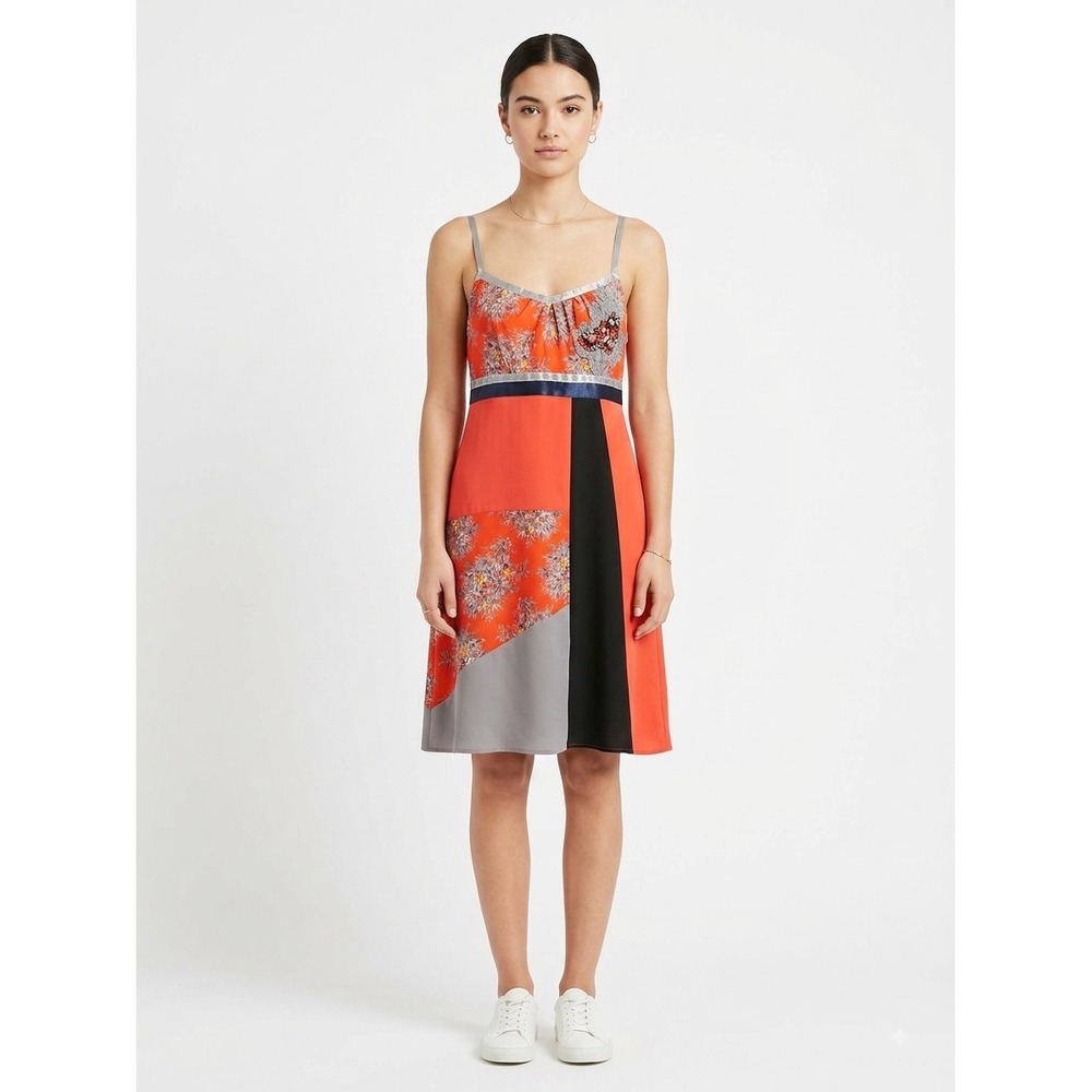 Ecote Slip Dress Womens M Orange Floral Patchwork Embroidered Lace Mini Boho
